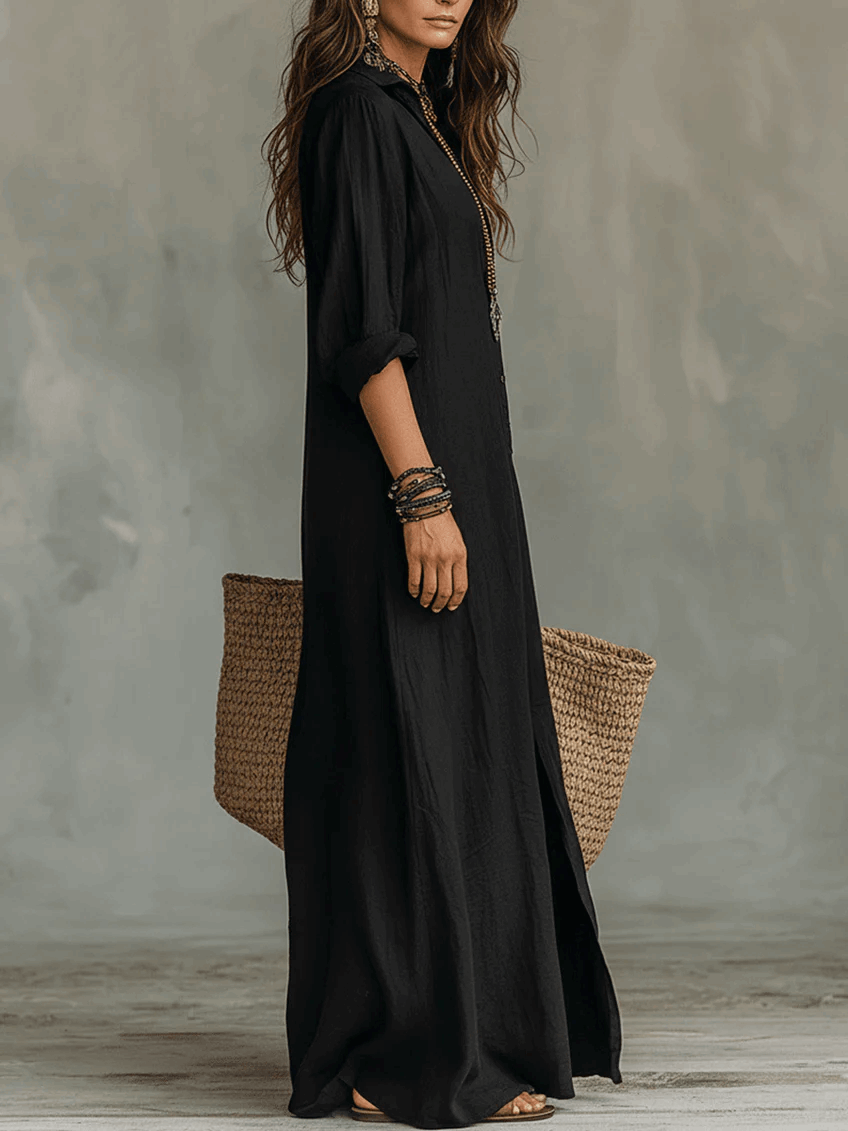 Verónica™ | Vestido Maxi Negro Largo con Botones