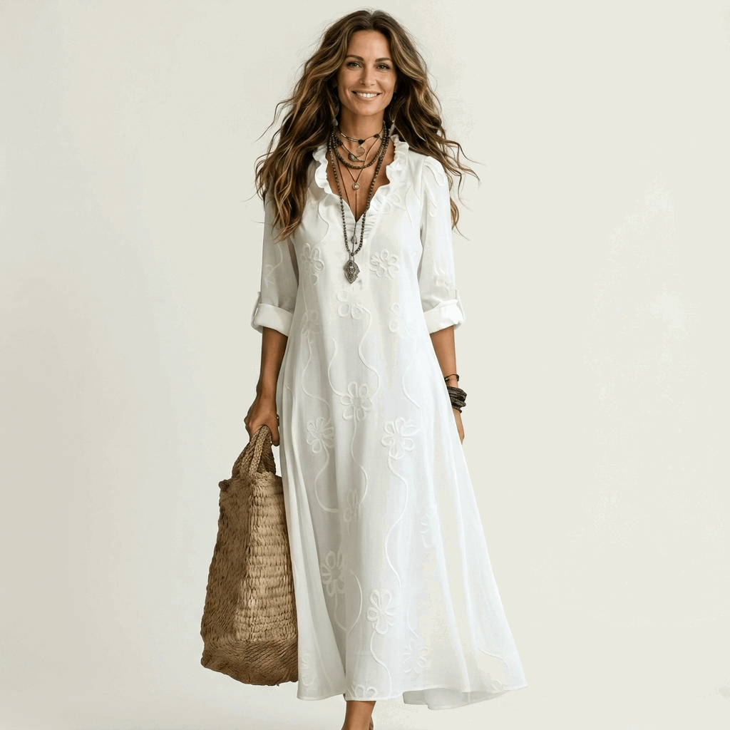 Vestido Maxi Bordado de Algodón-Lino
