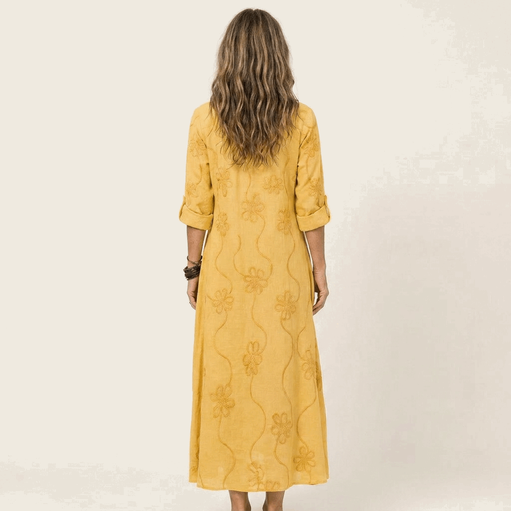 Vestido Maxi Bordado de Algodón-Lino