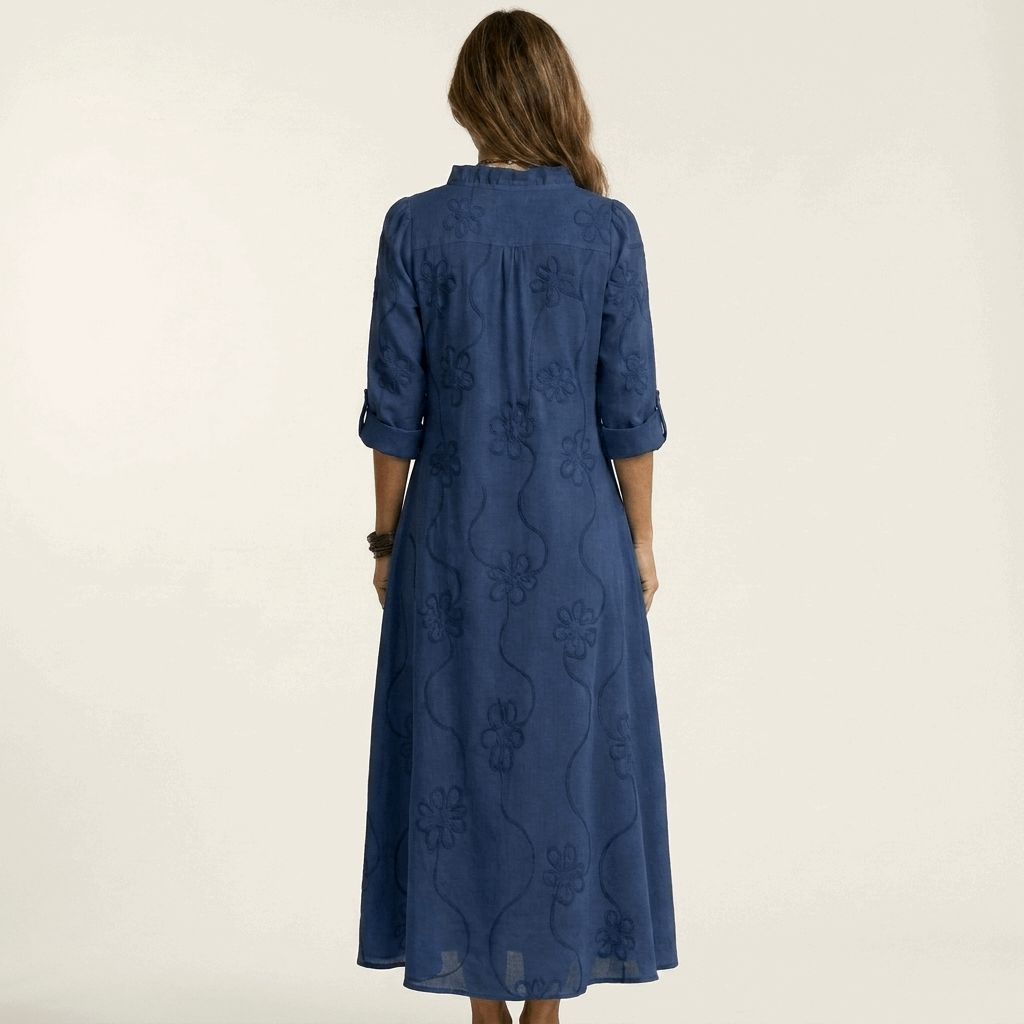 Vestido Maxi Bordado de Algodón-Lino