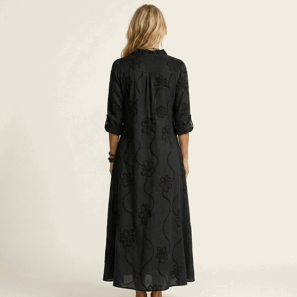Vestido Maxi Bordado de Algodón-Lino