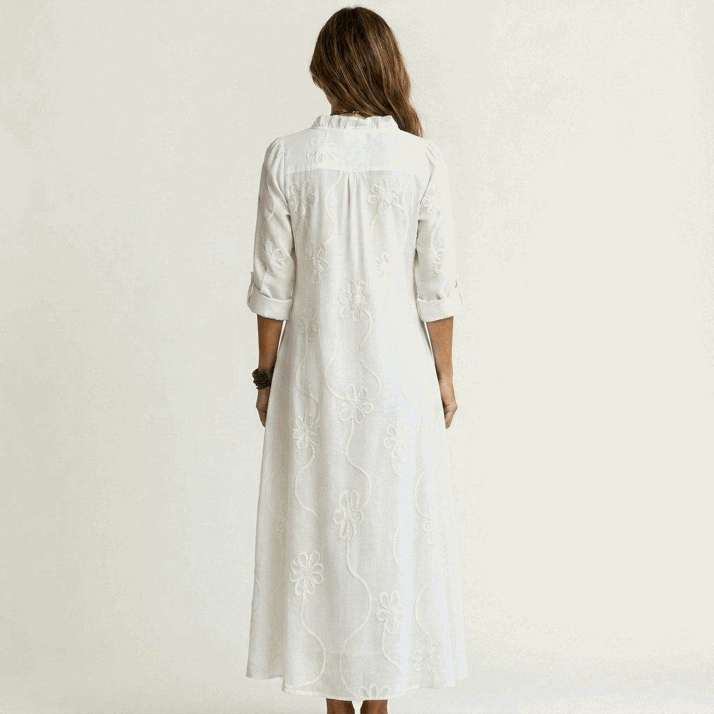 Vestido Maxi Bordado de Algodón-Lino