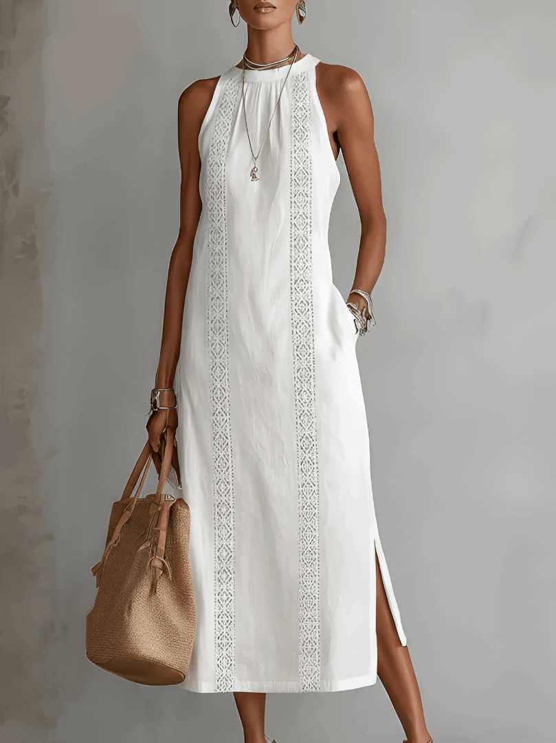 Tatiana | Vestido Midi de Lino con Cuello Mao