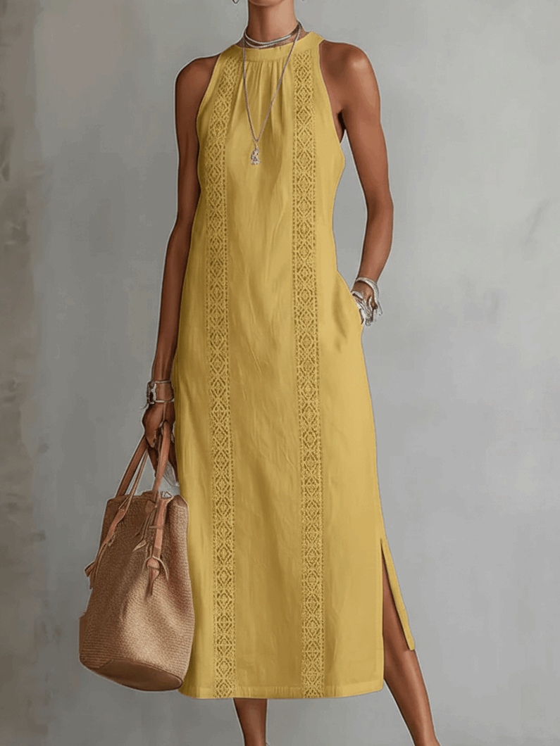 Tatiana | Vestido Midi de Lino con Cuello Mao