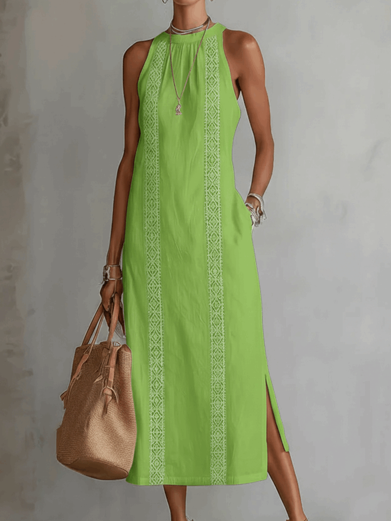 Tatiana | Vestido Midi de Lino con Cuello Mao